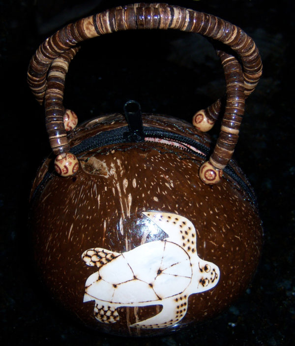 coconut handbag with turtle carving